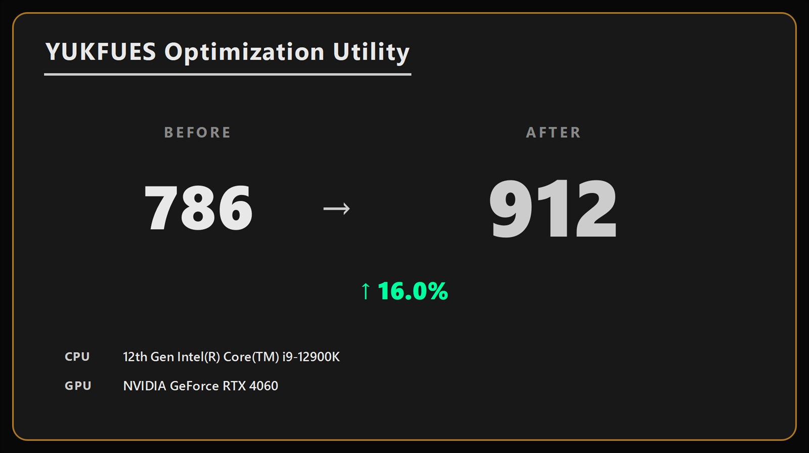 Community-submitted YUKFUE Snapshot card showing a local score change from 786 to 912