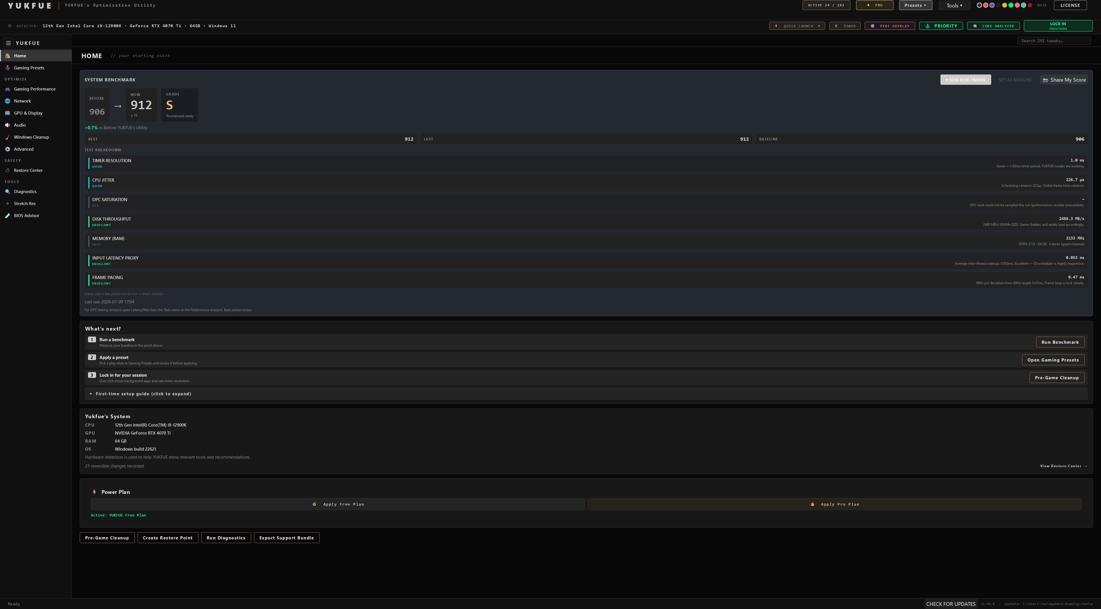 YUKFUE home screen showing the system benchmark in the Noir theme